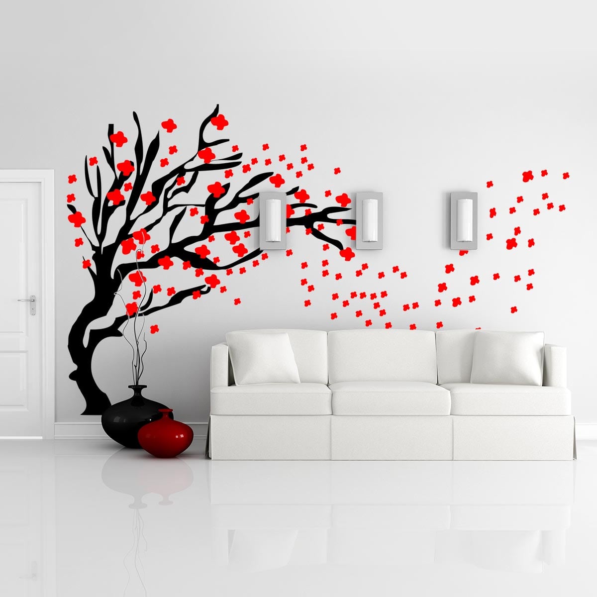 Sticker perete Copac cu flori rosii 1