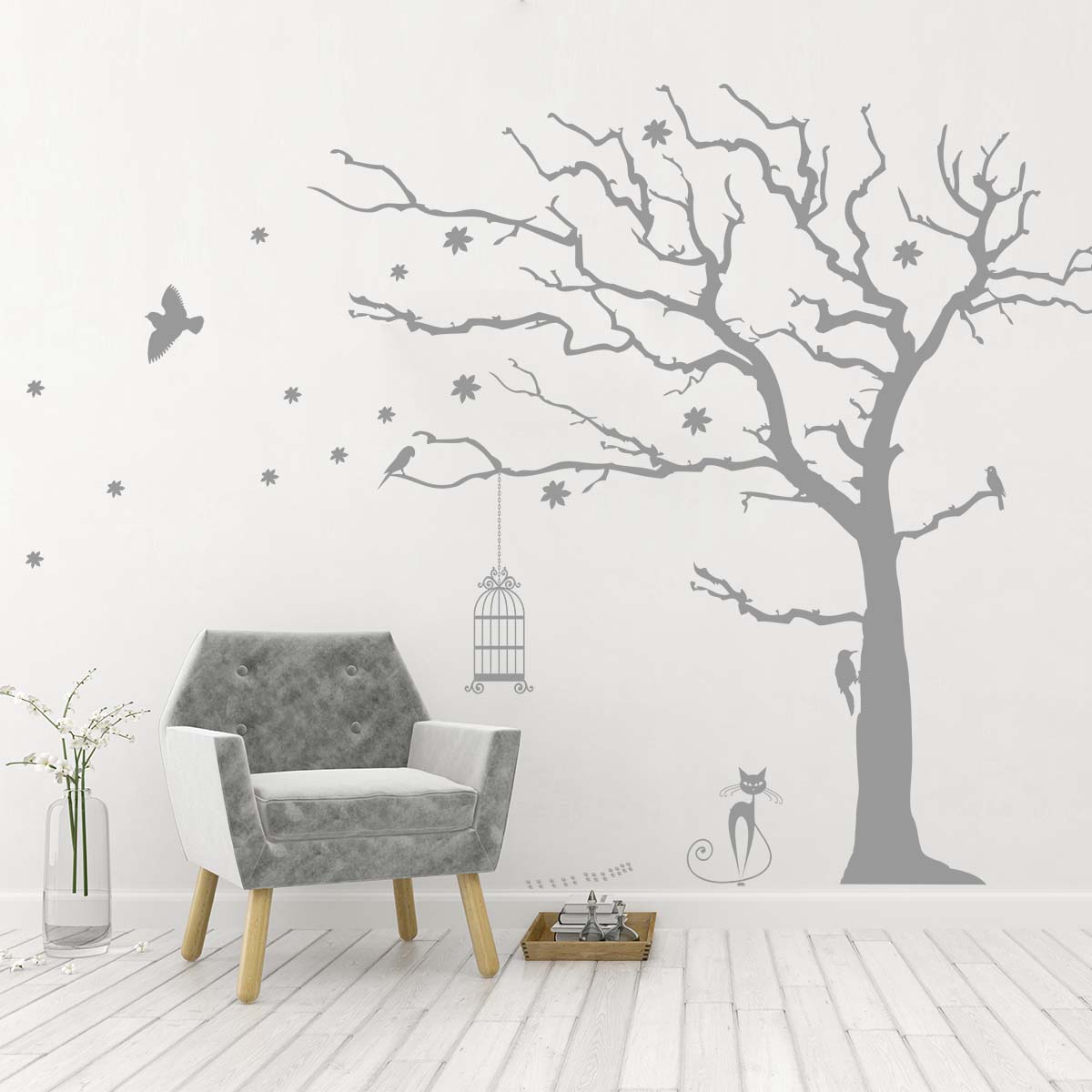 Sticker perete Copac cu pasari si colivie 1