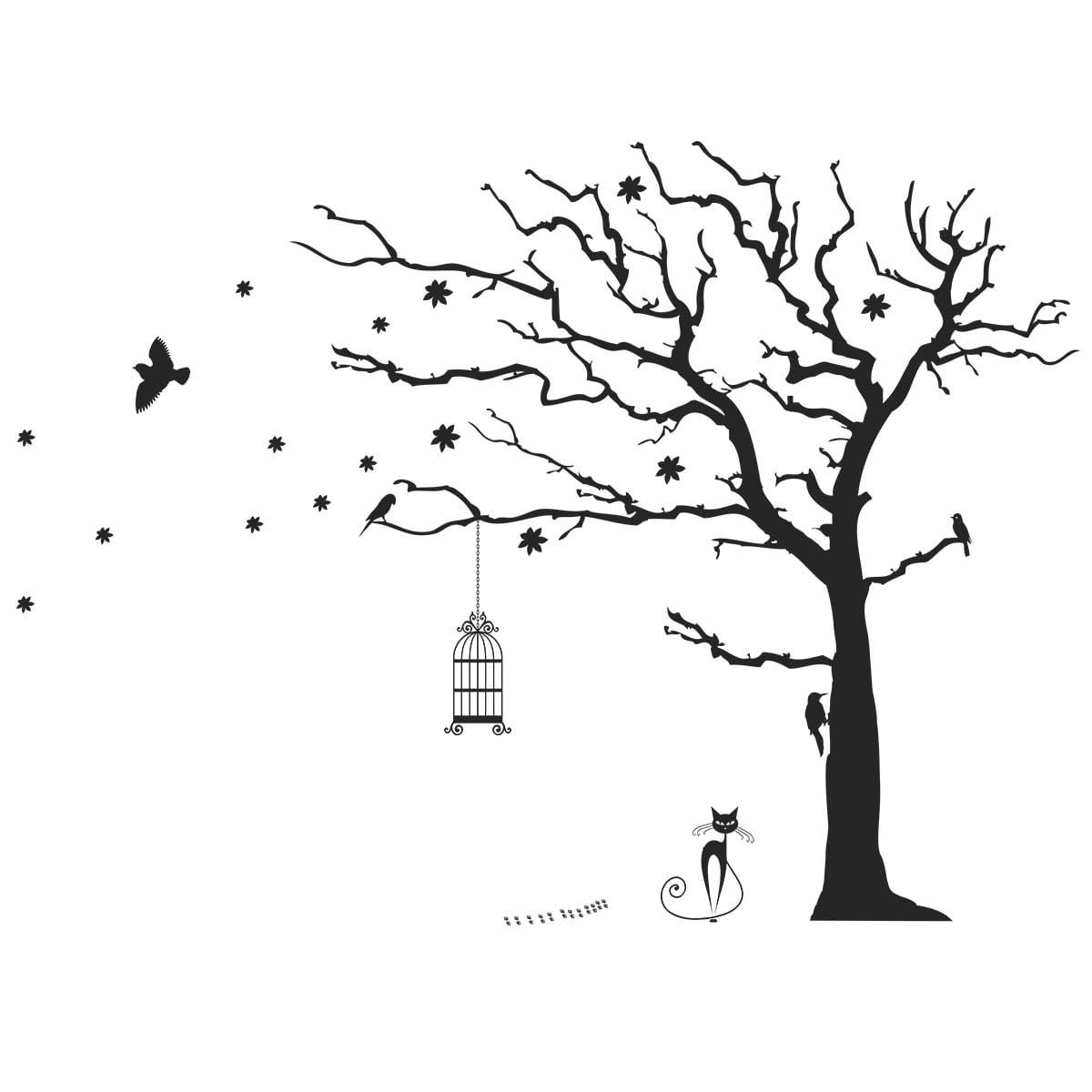 Sticker perete Copac cu pasari si colivie 1